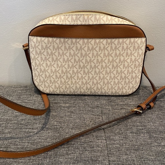 Michael Kors Crossbody Bag Signature MK Logo with Brown Leather Trim - Picture 7 of 10